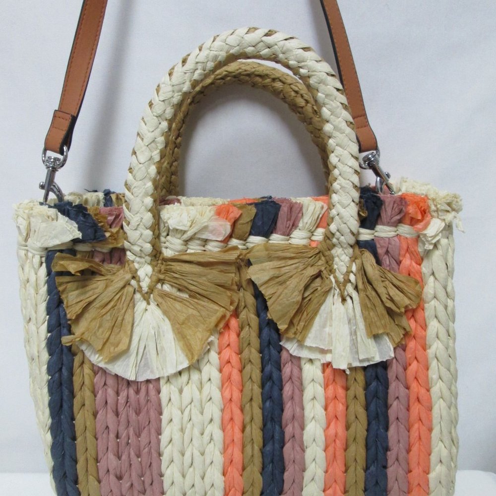 Vince Camuto Emei Woven Paper Satchel Tote Bag Purse removable strap striped NEW - Picture 4 of 14